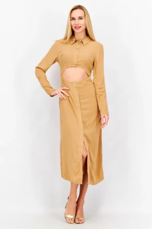 Asos Design Women Long Sleeve Cut Out Midi Dress, Stone