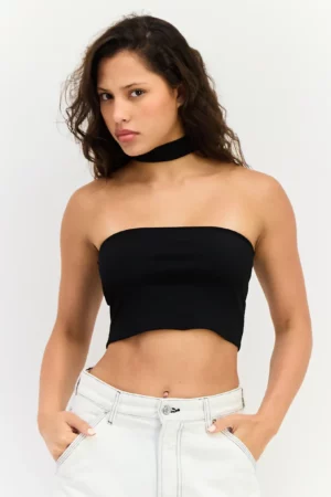 Bershka Women’s Black Ribbed Sleeveless Top with Choker Neckline | Trolii