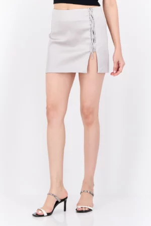 Bershka Women Solid Mini Skirt, Metallic Grey