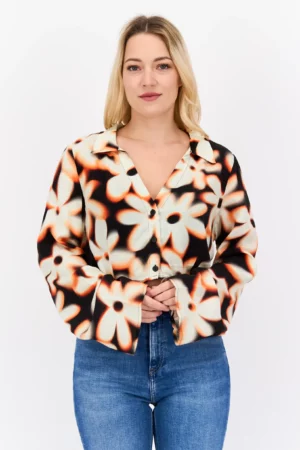 Bershka Women’s Spread Collar Long Sleeve Animal Print Blouse - Multicolor | Trolii