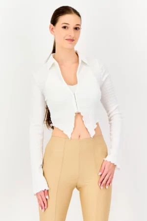 Bershka Women’s White Textured Blouse with Spread Collar & Long Sleeves | Trolii
