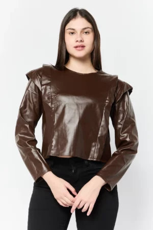 Defacto Women Jewel Neckline Long Sleeve Pleated Blouse, Pleated Brown