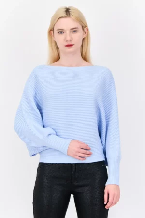Pink Rose Women Boat Neck Knitted Cropped Sweater, Textured Blue