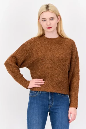 Pink Rose Women High Neck Knitted Crop Sweater, Brown