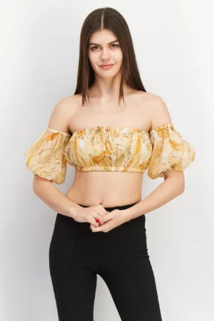 Asos Design Women Off Shoulder Neck Puffed Sleeve Allover Printed Crop Top, Yellow Combo