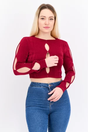 Asos Design Women Round Neck Long Sleeve Textured Cut Out Top – Burgundy