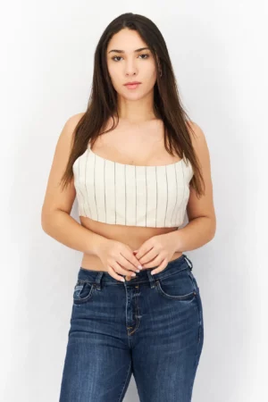 Asos Design Women Square Neck Sleeveless Stripe Cropped Top, Beige