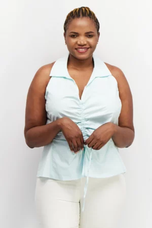 Asos Luxe Women Curve Fit Halter Neck Sleeveless Textured Shirt, Blue