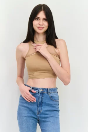 Bershka Women Crew Neck Sleeveless Plain Tank Top – Tan