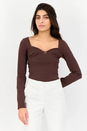Bershka Women Solid Long Sleeve Bodysuit - Dark Brown