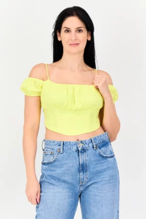 Bershka Women Square Neck Cold Shoulder Solid Top, Lime Yellow