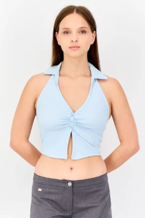 Bershka Women V-Neck Sleeveless Textured Cut Back Top, Light Blue