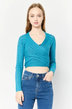 Collusion Women Split Neck Knitted Wrap Cardigan – Mid Blue