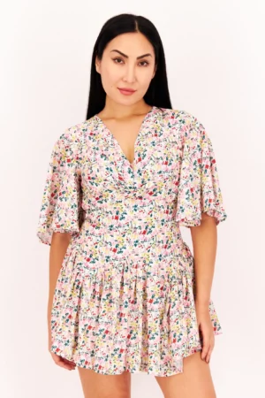 Love Triangle Women Tie Neck Short Sleeve Floral Playsuit, White Combo