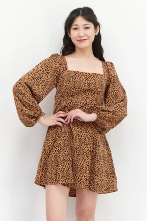 Missguided Women Petite Animal Print Long Sleeve Mini Dress – Brown