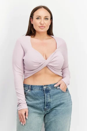 NA-KD Women Draped Neck Long Sleeve Textured Top, Lavender