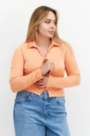 New-Look-Women-Keyhole-Long-Sleeves-Plain-Cropped-Top-Orange