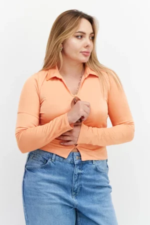 New-Look-Women-Keyhole-Long-Sleeves-Plain-Cropped-Top-Orange