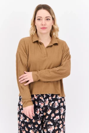 Poof Women Spread Collar Long Sleeves Textured Blouse