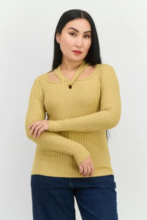 Poof Women Twist Neck Long Sleeve Striped Top – Brown