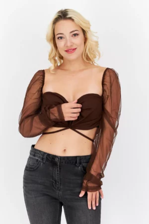 Rebellious Women Keyhole Neck Long Sleeve Textured Crop Top, Dark Brown