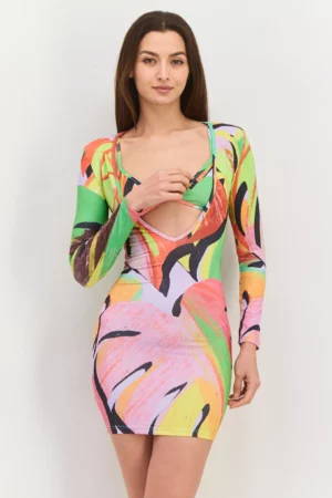 Simmi London Women 2 Pieces Plunging Bra Detail Printed Bodycon Dress – Green Combo