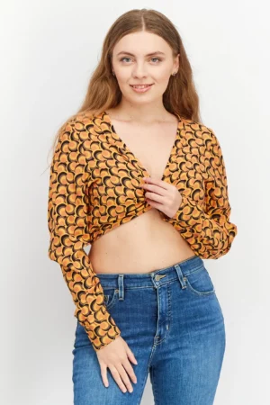 Sinsay Women V Neck Long Sleeves Allover Print Top, Orange Combo