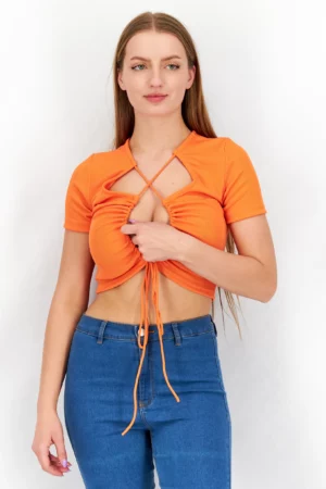 Sinsay Women V Neck Short Sleeve Cut Out Detail Tops, Orange