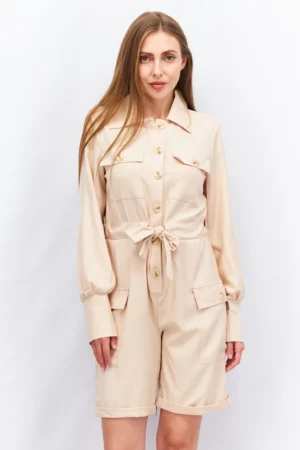 Unique21 Women Textured Long Sleeve Playsuit, Beige
