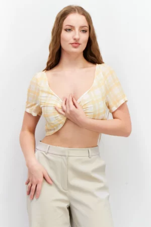 Unique21 Women V-Neck Short Sleeve Checkered Crop Top, Yellow