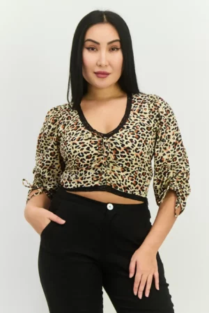 Wednesday's Girl Women V-Neck 3_4 Sleeves Animal Print Top