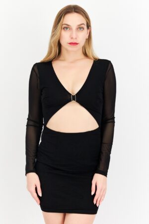 Naanaa Women Textured Cut Out Long Sleeves Mini Dress, Black