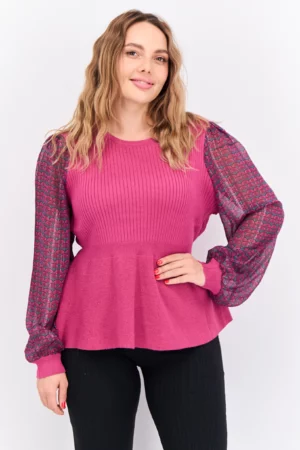89th + Madison Women Crew Neck Long Sleeves Printed Blouse, Multicolor