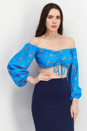 As You Women Off Shoulder Neck Long Sleeve Floral Crop Top – Blue Combo