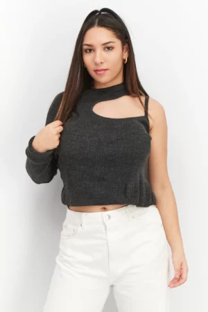 Asos Design Women Asymmetrical Neck One Shoulder Textured Crop Top, Grey