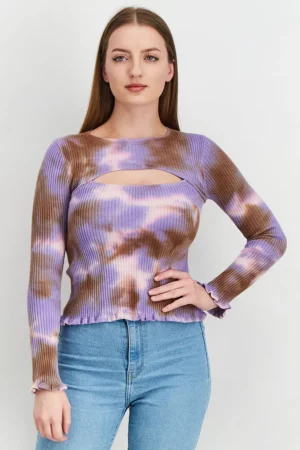 Asos Design Women Crew Neck Long Sleeves Tie-Dye Top, Purple Combo