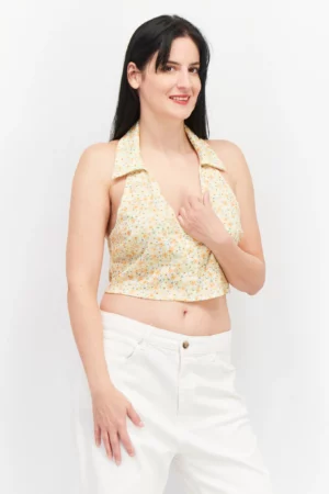 ASOS Design Women Halter Neck Sleeveless Floral Print Top – Yellow Combo