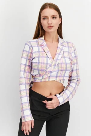 Asos Design Women Jersey Sluit Summer Check Wrap Crop Blazer, Purple Combo