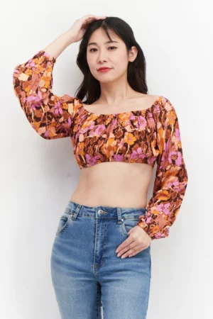 Asos Design Women Off Shoulder Long Sleeves Floral Pattern Cropped Top – Orange