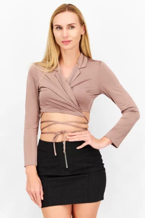 Asos Design Women Petite Surplice Neck Long Sleeve Textured Top – Brown