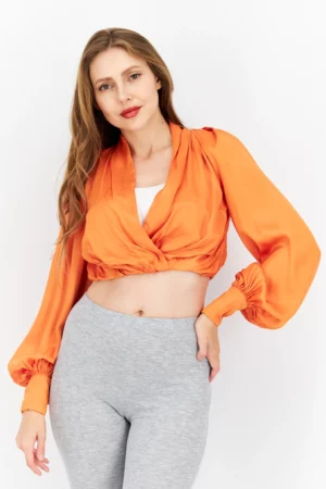ASOS Design Women Plunging Neckline Blouson Sleeve Solid Crop Top – Spicy Orange