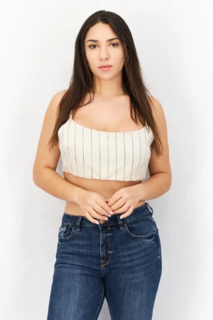 ASOS Design Women Square Neck Sleeveless Stripe Cropped Top – Beige