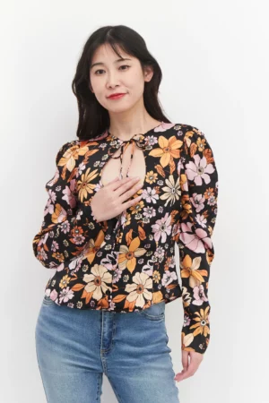 Asos Design Women Tie Neckline Long Sleeves Floral Print Top, Black