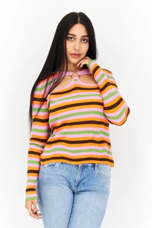 ASOS Design Women V-Neck Stripe Sweater – Pink Combo