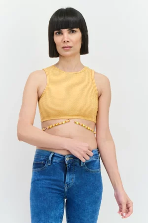 Bershka Women Crew Neck Sleeveless Textured Tank Top, Yellow