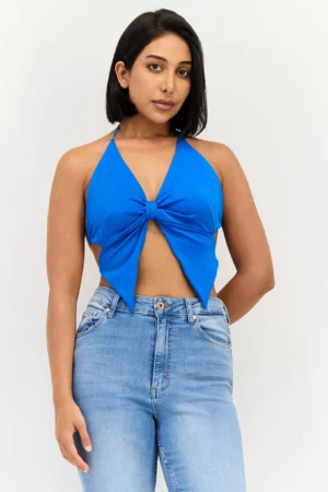 Bershka Women Halter Neck Sleeveless Solid Tank Top, Blue