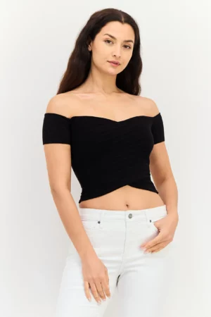 Bershka Women Square Neck Short Sleeves Textured Crop Top, Black