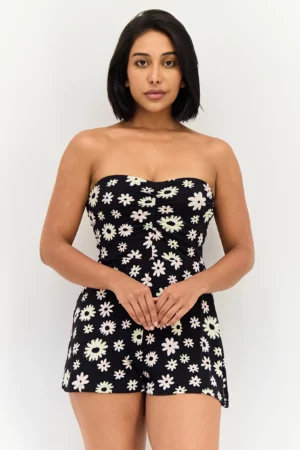 Bershka Women Straight Across Strapless Floral Print Playsuit, Multicolor