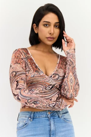 Bershka Women V Neck Long Sleeves Abstract Print Tops, Multicolor