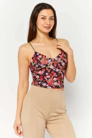 Bershka Women V Neck Sleeveless Floral Print Crop Top, Black